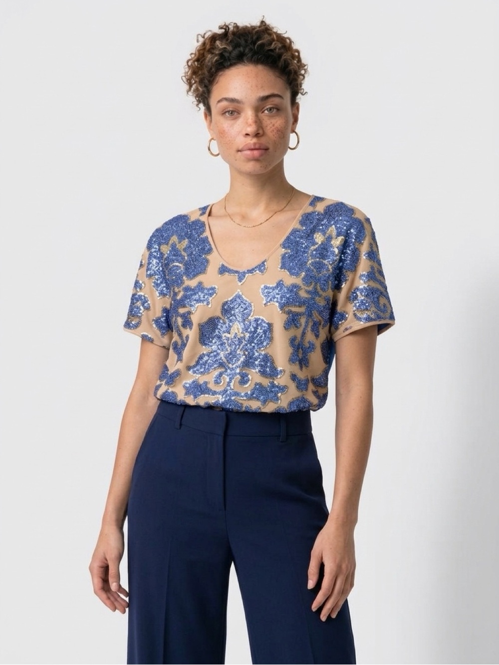 Tracy Reese Blue Sequin Floral Short Sleeve Top on Tan Base